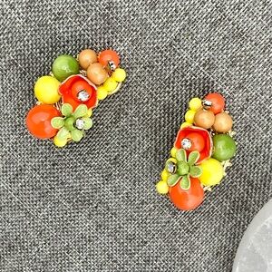 VINTAGE Fruit Cocktail Enamel Rhinestone Flower Earrings 1950s Showgirl